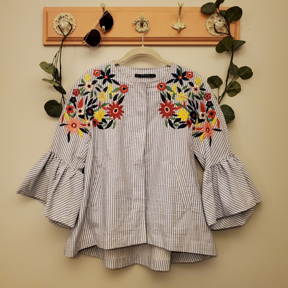 Zara | Floral Embroidered Boho Stripe Ruffled Bell Sleeves Zipper Jacket Size M